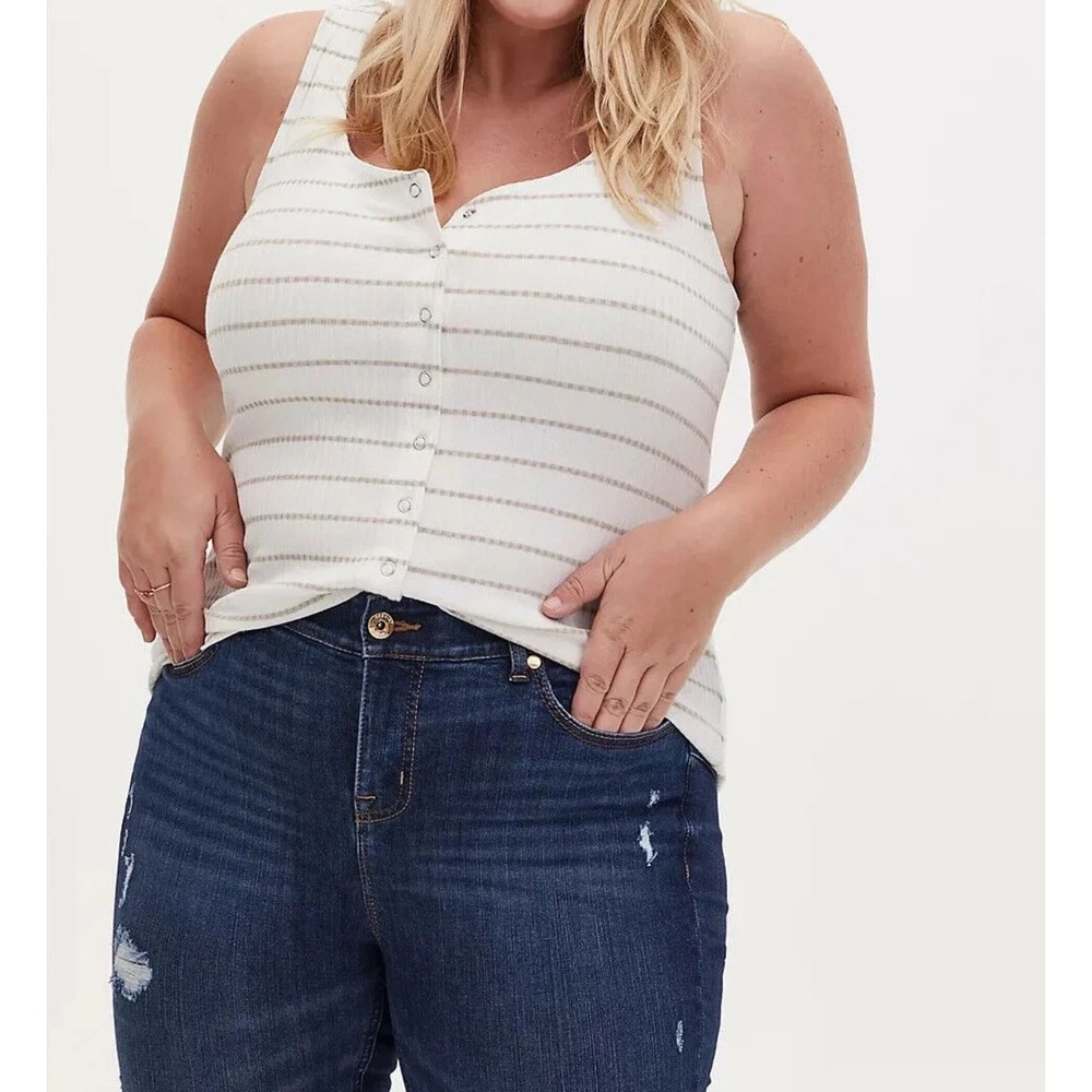 Torrid Womens Size 1 Ribbed Tank Top Snap Front White Taupe Stripe - Picture 7 of 7